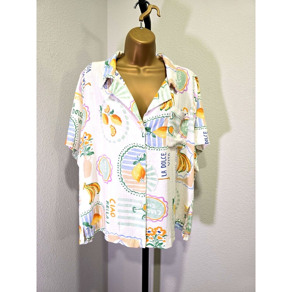 Linen Blend Button Camp Shirt Large Novelty Food Fruit Wine Italian Print Resort
